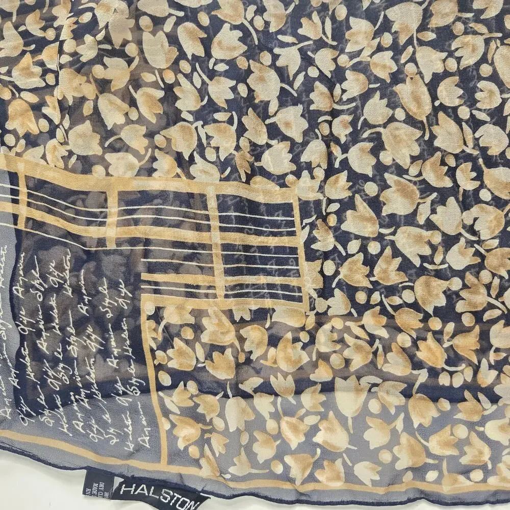 Vintage Halston Silk Scarf Floral Writing American Style Halston Life 20.5x19